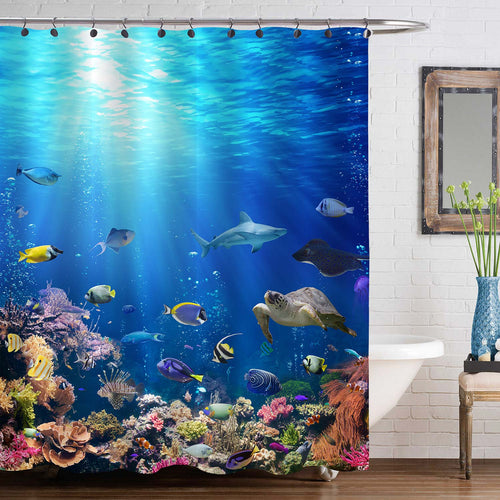 3D Ocean Underwater Nature Scenic Shower Curtain - Blue