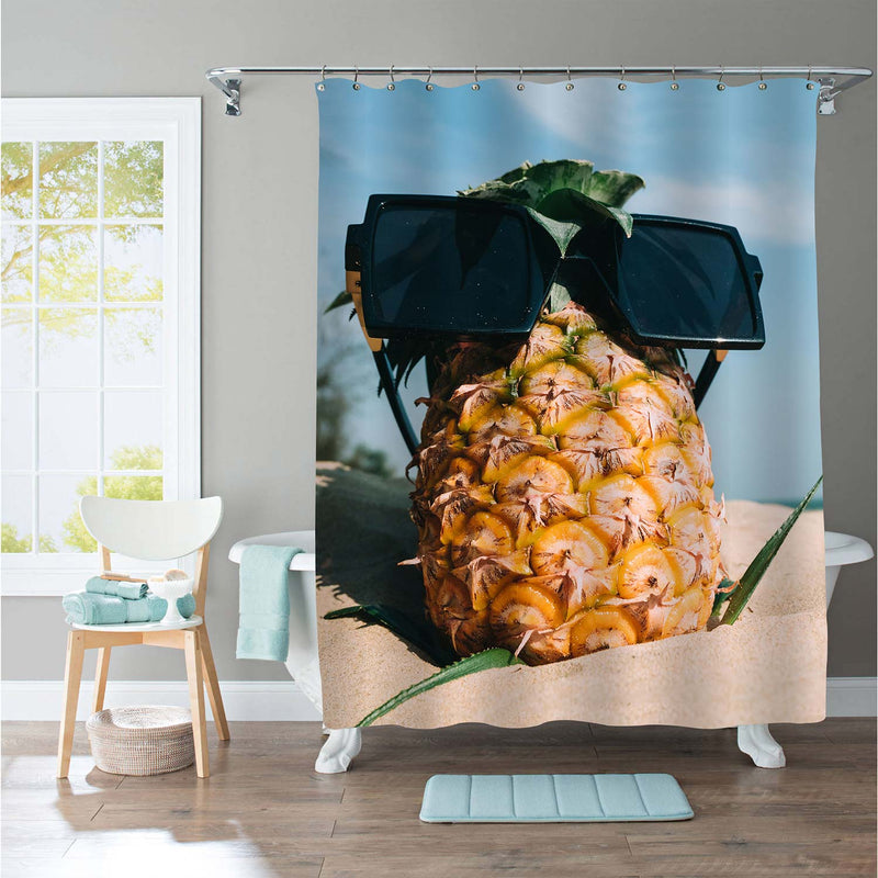 Pineapple with Sunglasses at Summer Coastal Beach Shower Curtain - Gold Blue