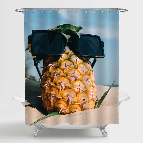 Pineapple with Sunglasses at Summer Coastal Beach Shower Curtain - Gold Blue