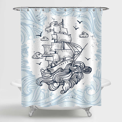 Sailboat Between Big Waves Shower Curtain - Light Blue