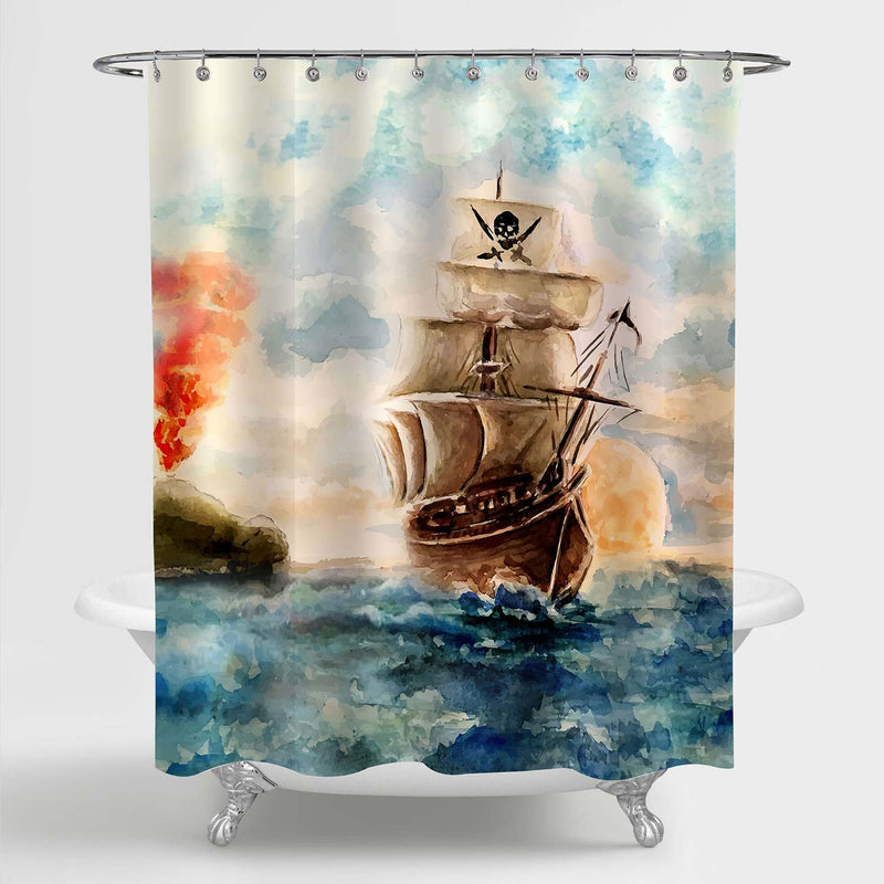 Watercolor Caribbean Pirate Ship Cruises in Treasure Adventure Shower Curtain - Blue Orange