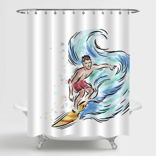 Surf Rider Catching a Ocean Wave Feeling a Wonderful Glide Shower Curtain - Blue