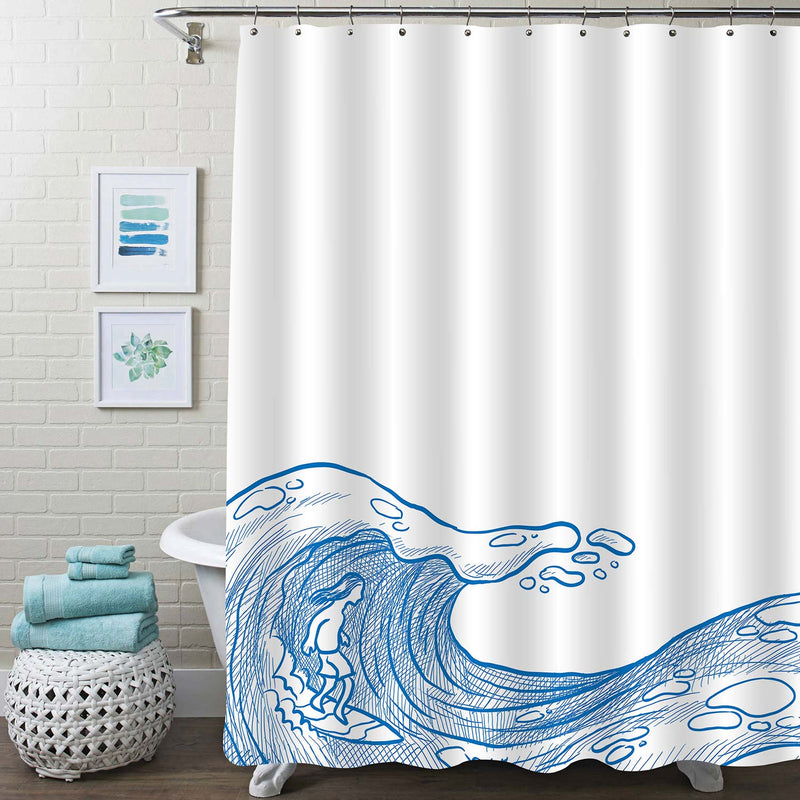 Surfer on a Wave Communes with the Ocean Shower Curtain - Blue