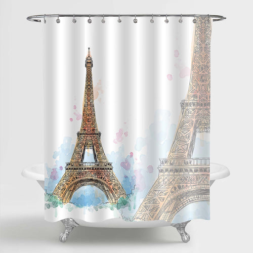 Hand Painted Watercolor Paris Eiffel Tower Shower Curtain - Gold