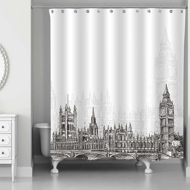 London Landmark Big Ben and Palace of Westminster Sketch Scenic Shower Curtain - Black White