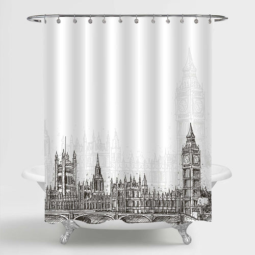 London Landmark Big Ben and Palace of Westminster Sketch Scenic Shower Curtain - Black White