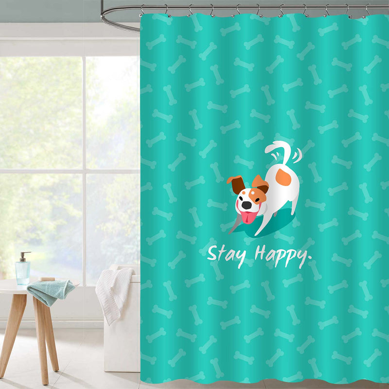 Cute Dog on Bones with Stay Happy Quote Positive Shower Curtain - Aqua