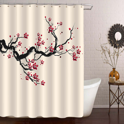 Japanese Cherry Blossom with Cherry Tree Branches Shower Curtain - Red Black Sand