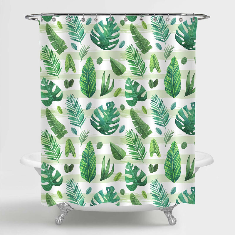 Tropical Palm Leaves with Stripe Shower Curtain - Green
