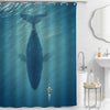 A Man in a Boat Floats Next to a Giant Whale Shower Curtain - Aqua