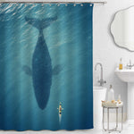 A Man in a Boat Floats Next to a Giant Whale Shower Curtain - Aqua