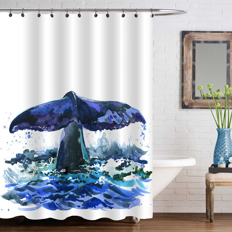 Watercolor Ocean Wildlife Whale Tail Shower Curtain - Navy Blue