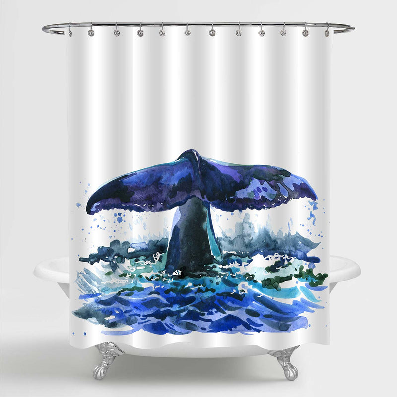 Watercolor Ocean Wildlife Whale Tail Shower Curtain - Navy Blue