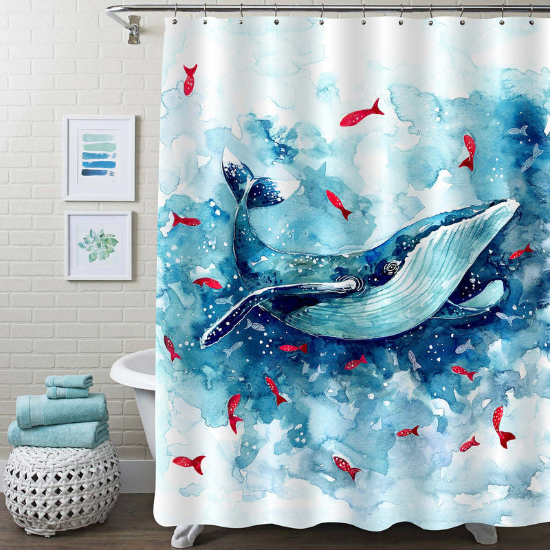 Hand Drawn Watercolor Whale and Fishes in the Ocean Wave Shower Curtain - Blue