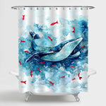 Hand Drawn Watercolor Whale and Fishes in the Ocean Wave Shower Curtain - Blue