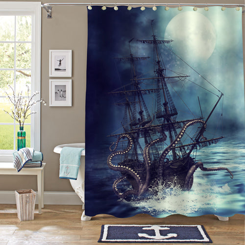 Sea Monster Octopus Kraken Attack Pirate Sailboat Shower Curtain - Green