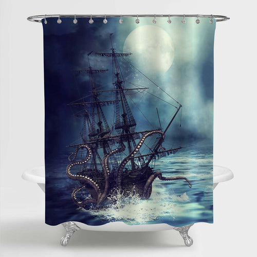 Sea Monster Octopus Kraken Attack Pirate Sailboat Shower Curtain - Green