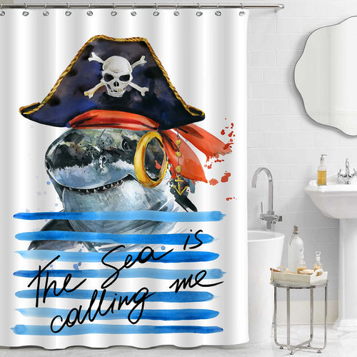 Cute Pirate Shark on Ocean Waves Shower Curtain - Blue