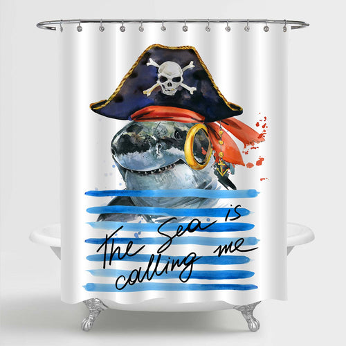 Cute Pirate Shark on Ocean Waves Shower Curtain - Blue