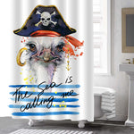 Ostrich in Pirate Skull Hat on Blue Strips Backdrop Shower Curtain - Blue Grey