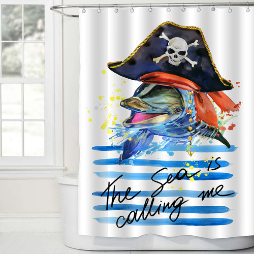 Cute Pirate Dolphin Swimming in the Blue Sea Shower Curtain - Blue