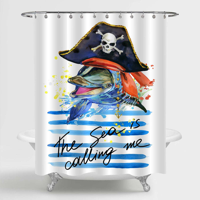 Cute Pirate Dolphin Swimming in the Blue Sea Shower Curtain - Blue