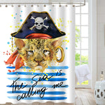 Watercolor Cartoon Lion Cub in Black Pirate Hat Shower Curtain - Blue Gold