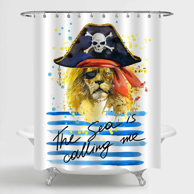 Pride Pirate Lion King in Pirate Skull Hat and Eye Patches Shower Curtain - Blue Gold