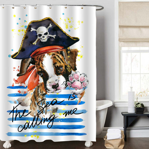 Cute Irish Red and White Setter in Pirate Hat Shower Curtain - Blue Brown