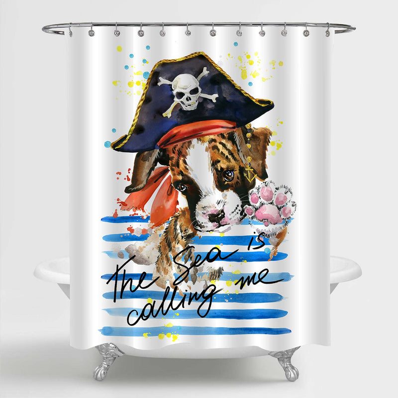 Cute Irish Red and White Setter in Pirate Hat Shower Curtain - Blue Brown