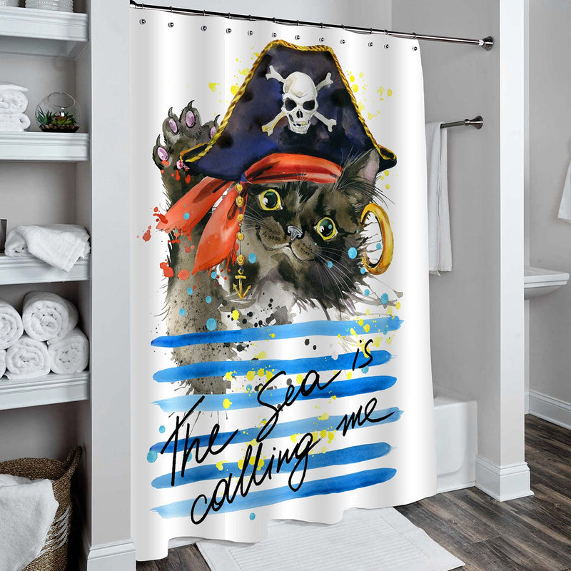 Naughty Pirate Black Persian Cat Waving Arm in Skull Hat Shower Curtain - Blue Black