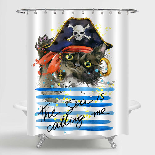 Naughty Pirate Black Persian Cat Waving Arm in Skull Hat Shower Curtain - Blue Black