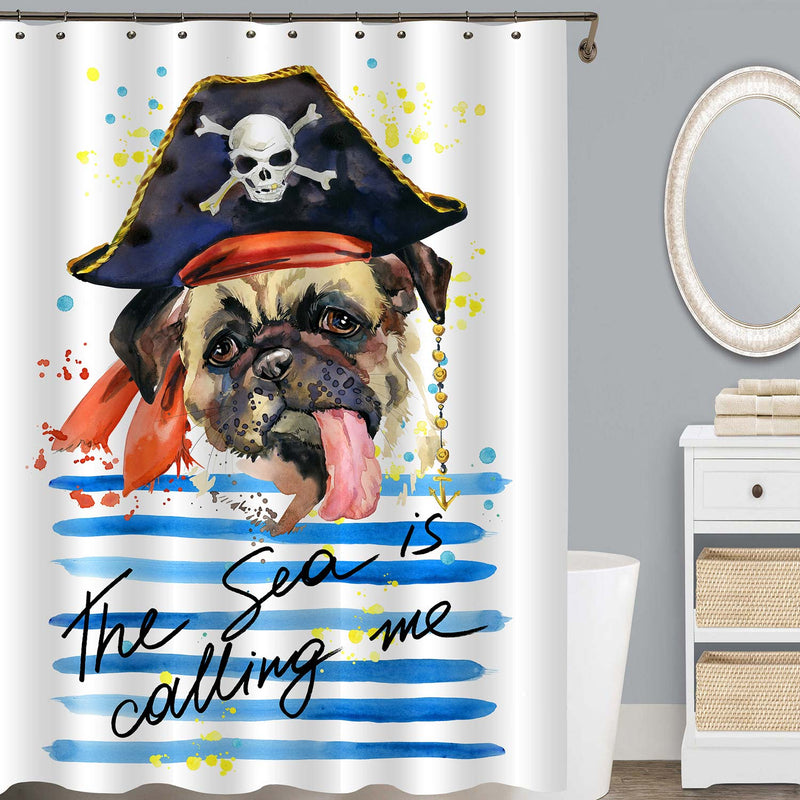 Funny Pirate Pug Dog with Seriously Long Tongue Shower Curtain - Blue Brown