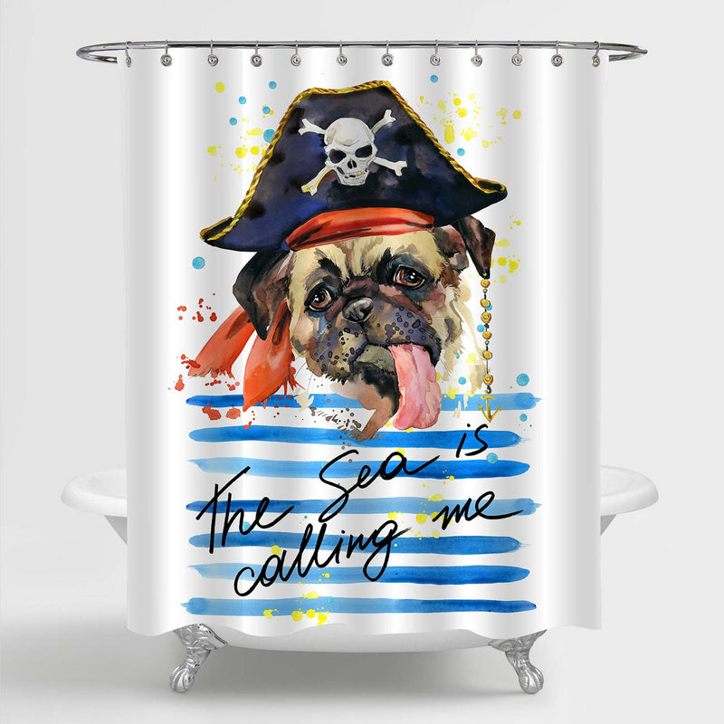 Funny Pirate Pug Dog with Seriously Long Tongue Shower Curtain - Blue Brown