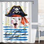 Pirate White Persian Cat with Green Eyed Going Wild Shower Curtain - Blue White