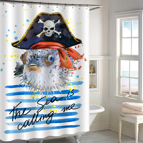 Most Amazing Wild Animal Piranha in Pirate Skull Hat Shower Curtain - Blue