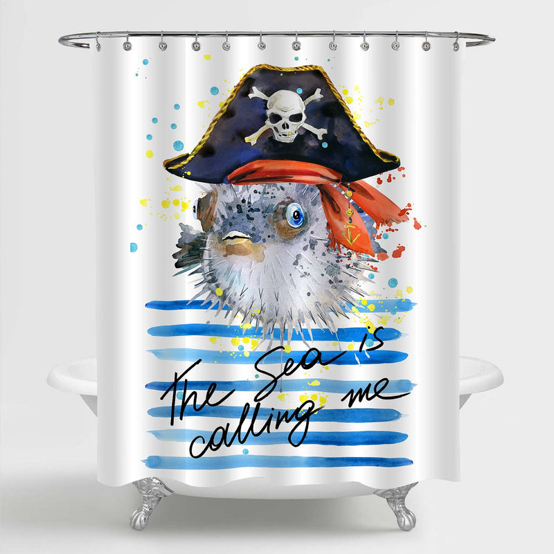 Most Amazing Wild Animal Piranha in Pirate Skull Hat Shower Curtain - Blue