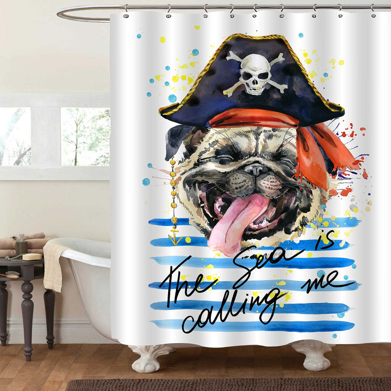 Watercolor Pirate Sharpei Puppy Shower Curtain - Blue Brown