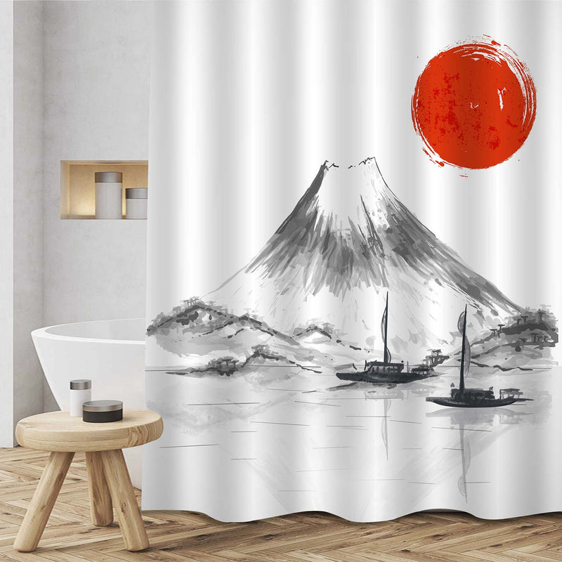 Two Fishing Boats Floating on Fuji Five Lakes Shower Curtain - Black White Red