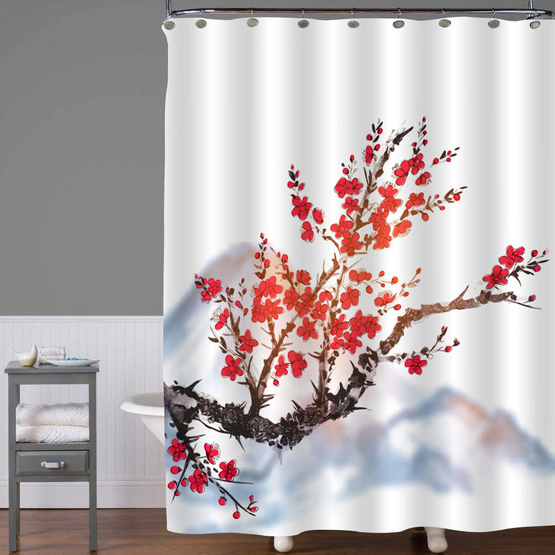 Oriental Sakura Cherry Tree in Blossom Covering the Mountain Shower Curtain - Black White Red
