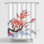 Oriental Sakura Cherry Tree in Blossom Covering the Mountain Shower Curtain - Black White Red