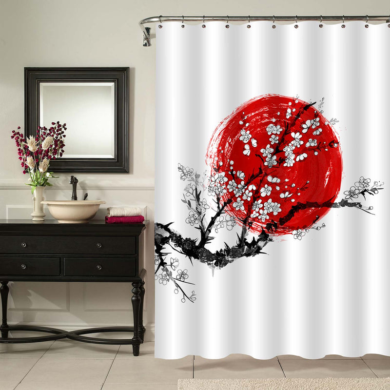 Watercolor Asian Cherry Tree and Red Sun Symbol of Japan Shower Curtain - Black White Red