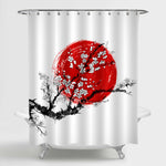Watercolor Asian Cherry Tree and Red Sun Symbol of Japan Shower Curtain - Black White Red