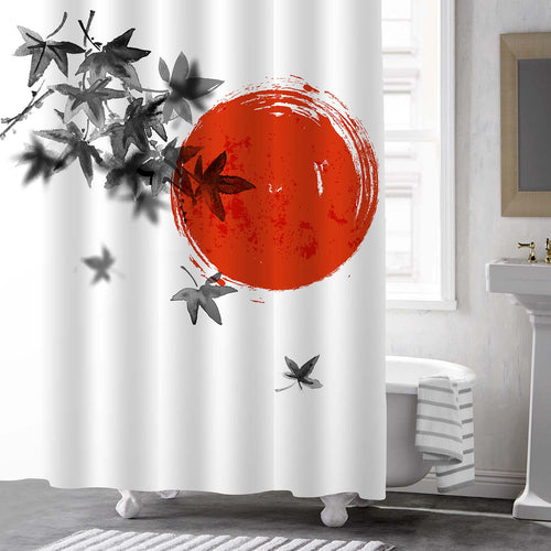 Japanese Maple Leaves and Red Sun Shower Curtain - Black White Red