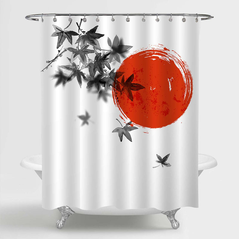 Japanese Maple Leaves and Red Sun Shower Curtain - Black White Red