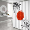 Japanese Watercolor Bamboo Leaves Sun and Sakura Blossom Shower Curtain - Black White Red
