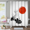 Asian Watercolor Lotus Flowers and Red Sun Painting Print Shower Curtain - Black White Red