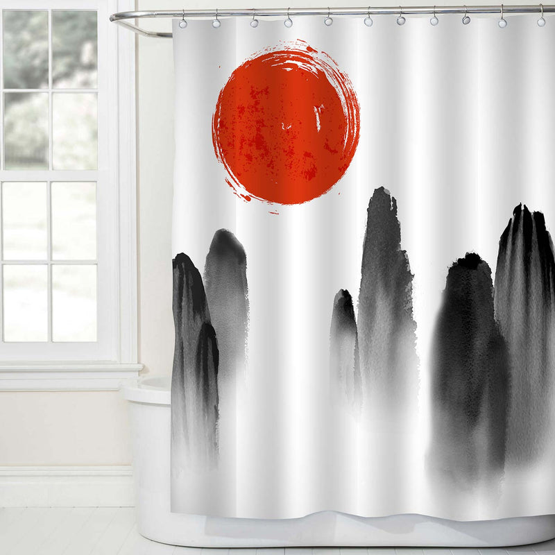Mountains in Fog and Red Sun Asian Traditional Watercolor Landscape Shower Curtain - Black White Red