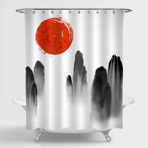 Mountains in Fog and Red Sun Asian Traditional Watercolor Landscape Shower Curtain - Black White Red