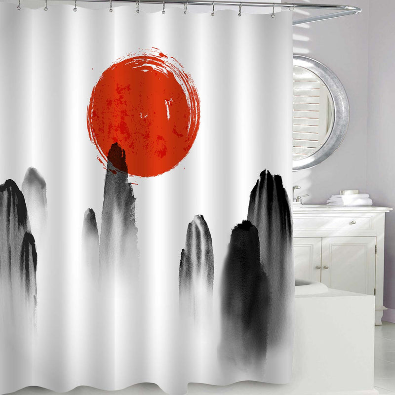 Watercolor Rising Sun and Mountains in Morning Fog Mist Artwork Shower Curtain - Black White Red